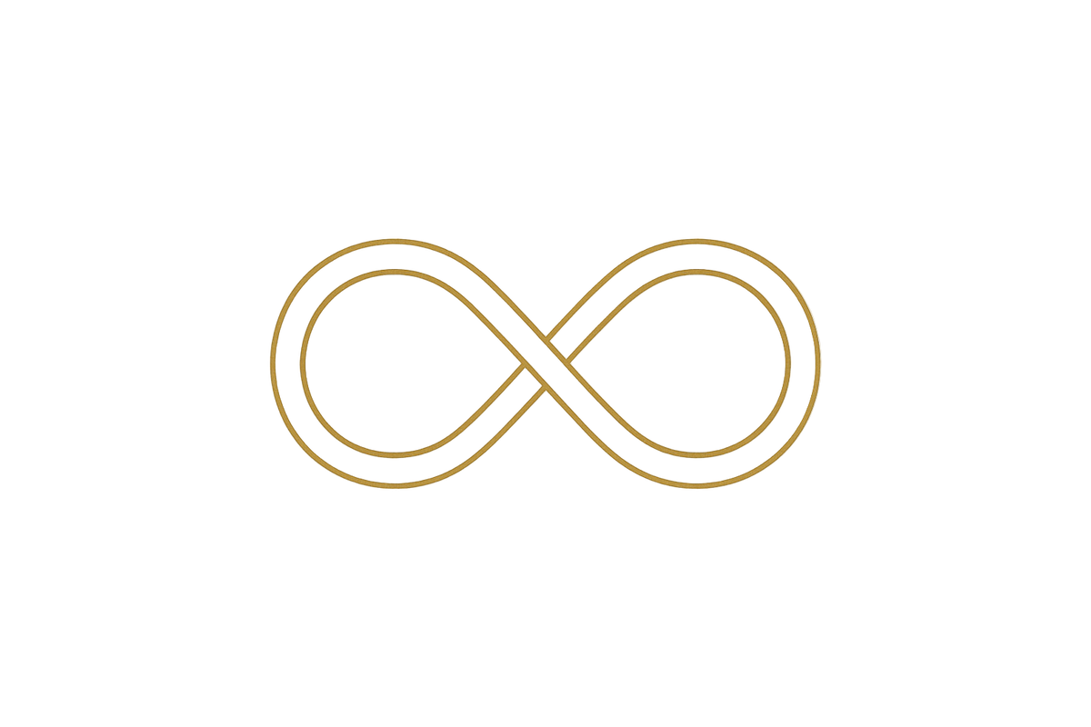 Minimal infinity icon, luxury line art, golden outline on white background, simple vector style
