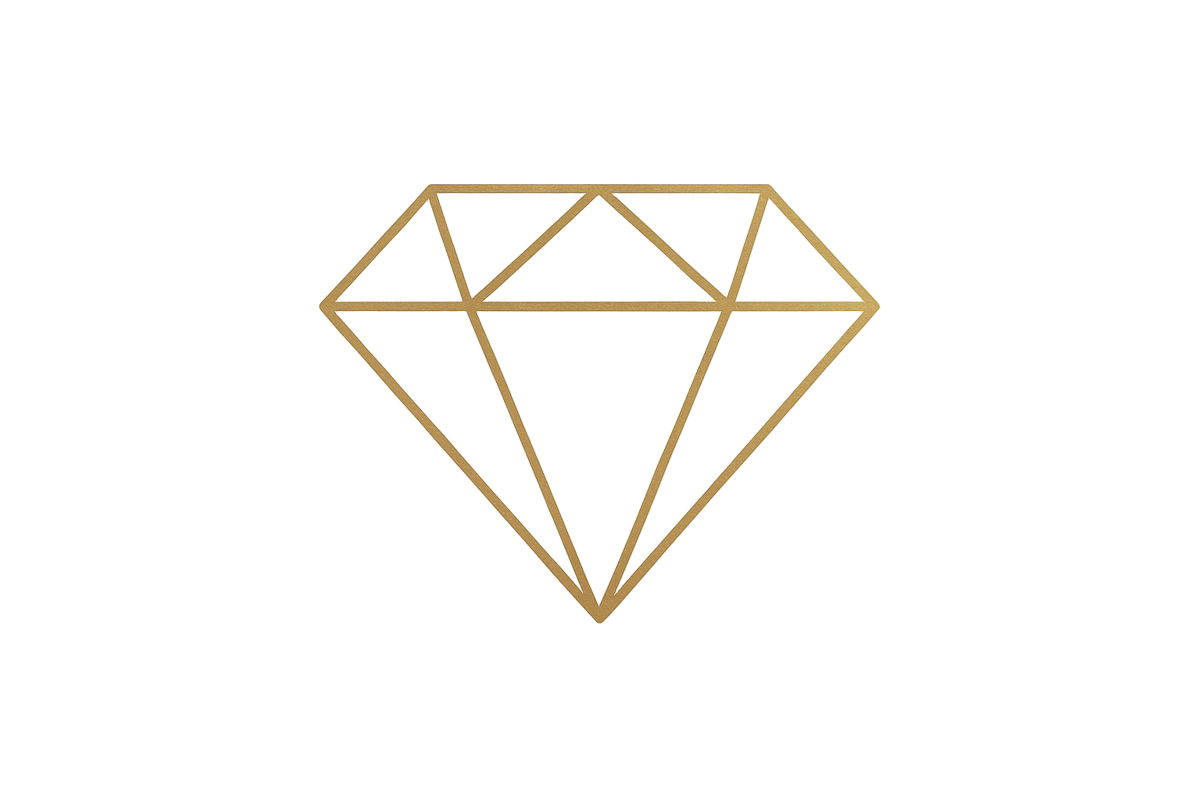 Minimal line art diamond icon, luxury jewelry style, gold outline, white background