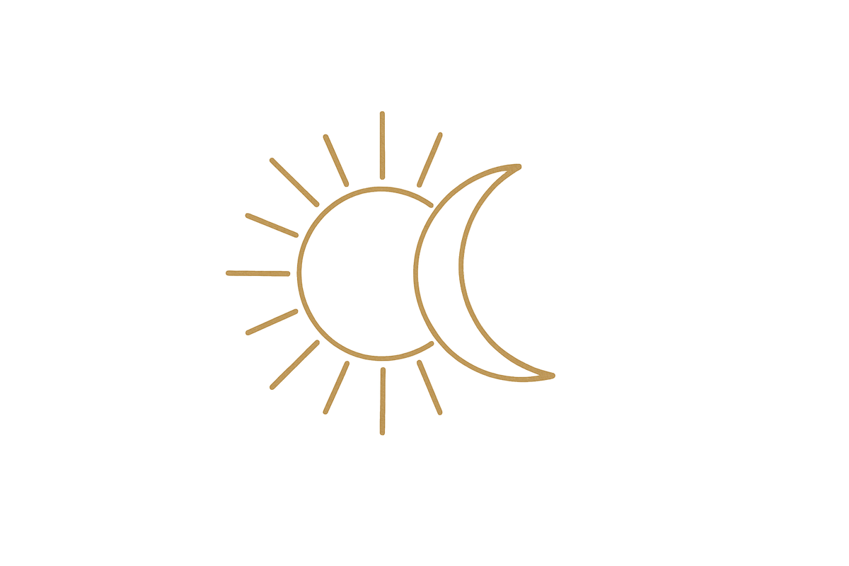 Minimal sun and moon icon, elegant line art, golden outline on white background, simple vector style